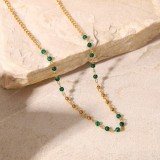 Collar de cuentas de piedra de pavo real verde de acero inoxidable de oro de 18 quilates para mujer