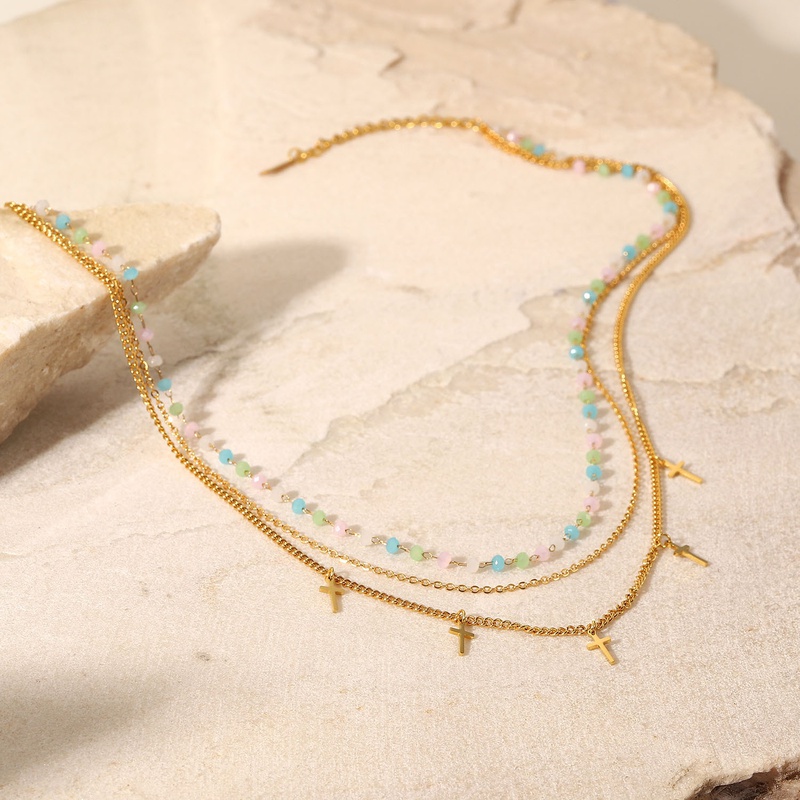 Colgante de borla cruzada de cadena de acero de titanio con cuentas de colores a la moda ThreeLayer 18K GoldPl
