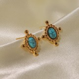 Aretes ovalados de acero inoxidable a la moda, aretes de acero inoxidable turquesa con incrustaciones chapadas, 1 par