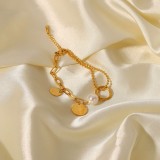Estilo retro de acero inoxidable chapado en oro de 18 quilates Elizabeth moneda colgante perla bola cadena costura pulsera