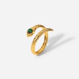 Nuevo anillo abierto de cobra de malaquita con serpiente de acero inoxidable chapado en oro de 18 quilates para mujer