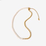 Perla de agua semidulce europea y americana, bola de cuentas chapada en oro semi18K, joyería simple de acero inoxidable, collar corto, joyería de moda