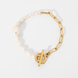 Nuevo simple 18K OT hebilla cadena de acero inoxidable pulsera de perlas joyería al por mayor