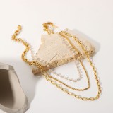 Moda 18K oro acero inoxidable pequeña cadena de perlas collar de tres capas mujeres