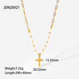 Colgante de cruz de oro de 18 quilates, cuentas de perlas naturales de agua dulce, collar de acero inoxidable cosido