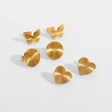 Pendientes redondos con forma de corazón de mariposa de acero inoxidable chapado en oro retro