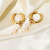 Pendientes colgantes de perlas de agua dulce doble chapados en oro de 18 quilates a la moda al por mayor, joyería