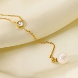 collar de acero inoxidable collar con colgante de perla de circón en forma de Y chapado en oro de 18 quilates