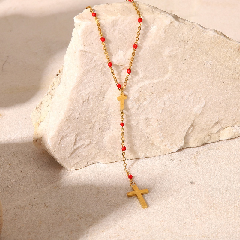 Collar de acero de titanio en forma de Y con colgante de cruz de acero inoxidable con cuentas redondas de aceite que gotea a la moda