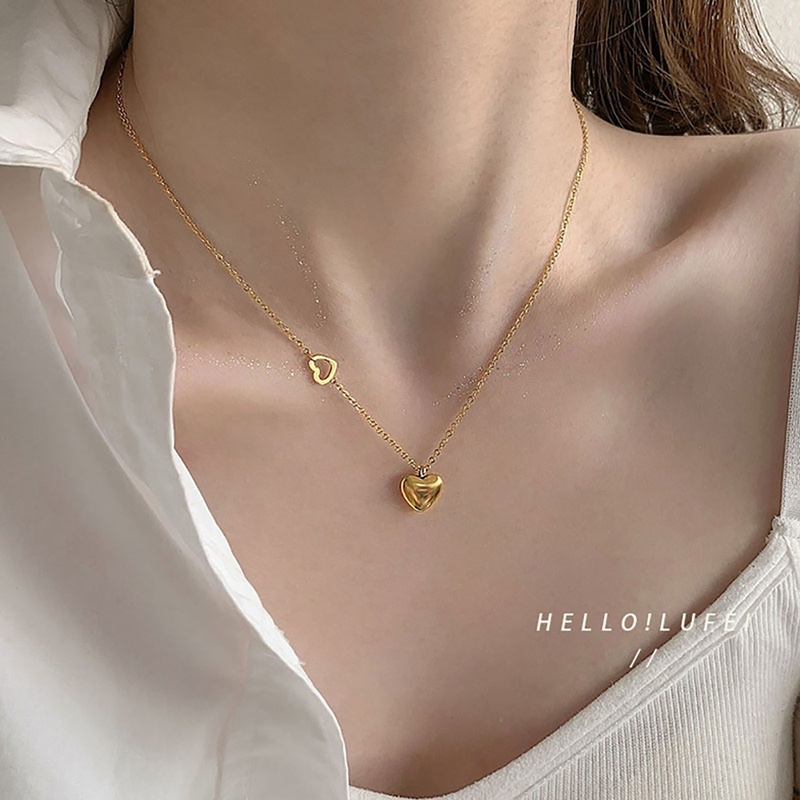 Collar con colgante de corazón doble de acero inoxidable chapado en oro de 18 quilates a la moda