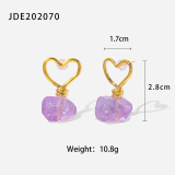 Colgante de piedra púrpura irregular con forma de corazón hueco a la moda Pendientes de acero inoxidable chapados en oro de 18 quilates