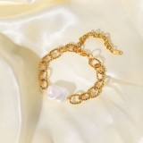 Pulsera de acero inoxidable chapada en oro de 18 quilates de estilo barroco, pulsera retro de perlas de agua dulce barrocas para mujer