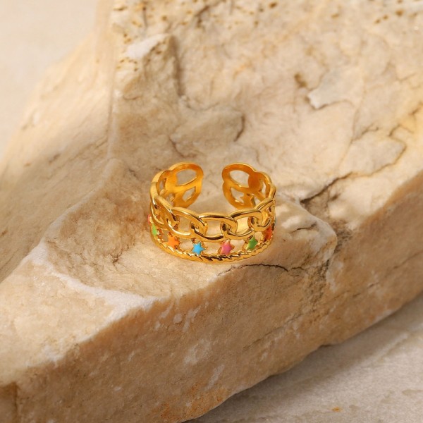 Anillo de acero inoxidable OpenEnd de doble capa con estrella de aceite colorido a la moda
