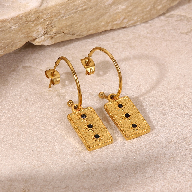 Pendientes de acero inoxidable con colgante de circón negro con incrustaciones de estrellas cuadradas de oro de 18 quilates