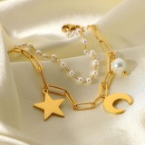 Pulsera de doble capa con colgante de estrella, luna y perla de acero inoxidable chapado en oro de 18 quilates