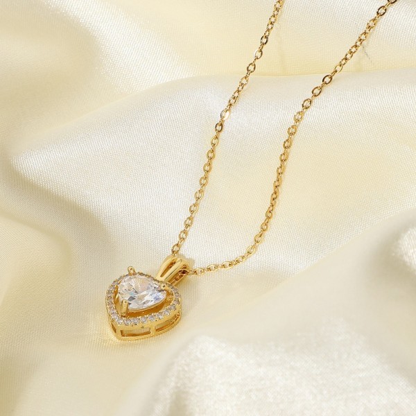 Exquisita joyería de boda para mujer Acero inoxidable oro grande único cristal brillante corazón colgante collar de compromiso para mujer