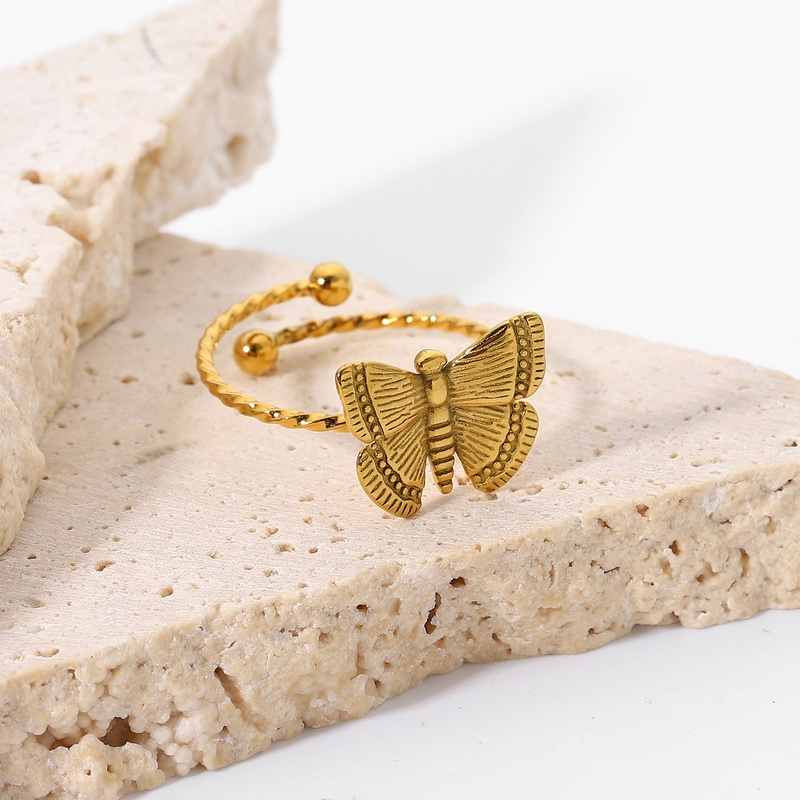 Anillo de mariposa ajustable con apertura de acero inoxidable chapado en oro de 18 quilates, joyería al por mayor