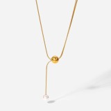 Collar de acero inoxidable chapado en oro de 18 quilates en forma de Y con perla grande de oro simple