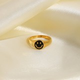 Anillo de cara sonriente con goteo negro Joyas de anillo de acero inoxidable de oro de 18 quilates