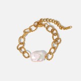 Pulsera de acero inoxidable chapada en oro de 18 quilates de estilo barroco, pulsera retro de perlas de agua dulce barrocas para mujer