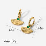 Francés Nuevo Retro Redondo Verde Zircon FanShaped Eardrops Pendientes 14K Oro Acero inoxidable Ear Ring Mujeres S Pendientes