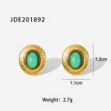 Nuevos pendientes ovalados de acero inoxidable con botón de jade verde retro de oro de 18 quilates