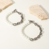 Pulseras geométricas de acero inoxidable de estilo Simple a la moda para hombre pulseras de acero inoxidable con perlas artificiales