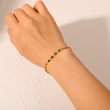 Pulsera de acero inoxidable geométrica de oro de 18 quilates con cuentas redondas de malaquita verde a la moda para mujer