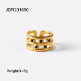 Acero inoxidable chapado en oro de 18 quilates europeo y americano 5 diamantes negros anillo abierto de tres capas joyería de moda