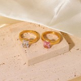 Nuevo anillo de circón rosa rectangular europeo y americano, acero inoxidable, oro de 18 quilates, joyería para mujer