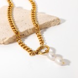 Collar de cadena cubana con cierre de resorte y colgante de perla de acero inoxidable de oro de 18 quilates de acero inoxidable europeo y americano