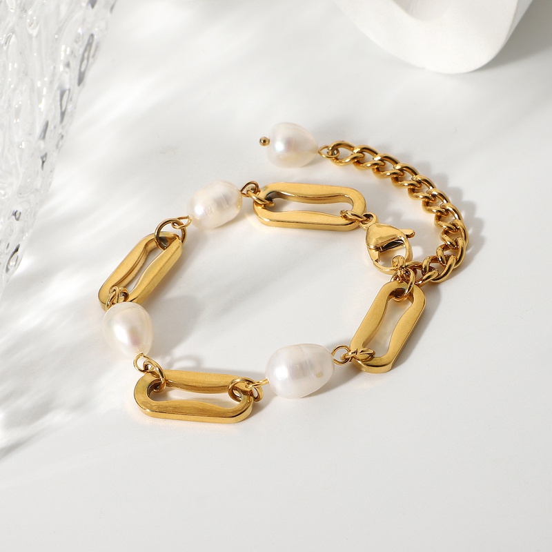 pulsera de acero inoxidable chapado en oro con cadena rectangular de perlas barrocas