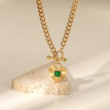 Nuevo collar de acero inoxidable con cadena cubana con hebilla OT de ágata verde en forma de corazón