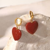 Pendientes colgantes en forma de corazón de piedra arenisca de oro rojo retro de acero inoxidable