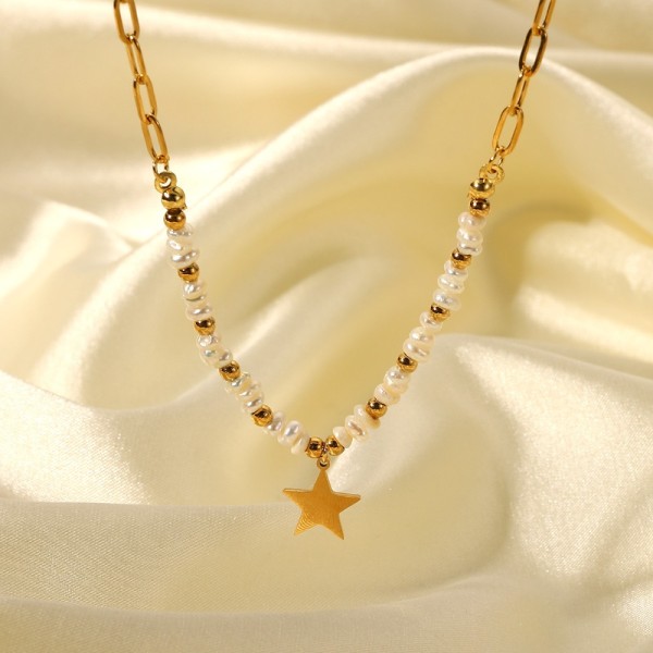 moda 18K chapado en oro estrella de acero inoxidable colgante perlas perlas collar de costura