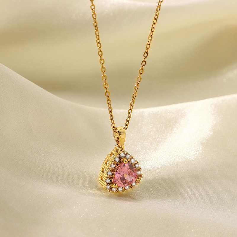 Collar con colgante de circón con microincrustaciones blancas de acero inoxidable de 18 quilates a la moda con ribete de circón triangular rosa
