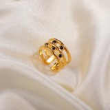 Acero inoxidable chapado en oro de 18 quilates europeo y americano 5 diamantes negros anillo abierto de tres capas joyería de moda