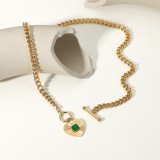 Nuevo collar de acero inoxidable con cadena cubana con hebilla OT de ágata verde en forma de corazón
