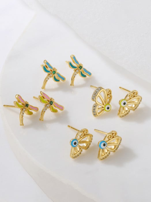 Aretes vintage de mariposa esmaltada con diamantes de imitación de oro laminado