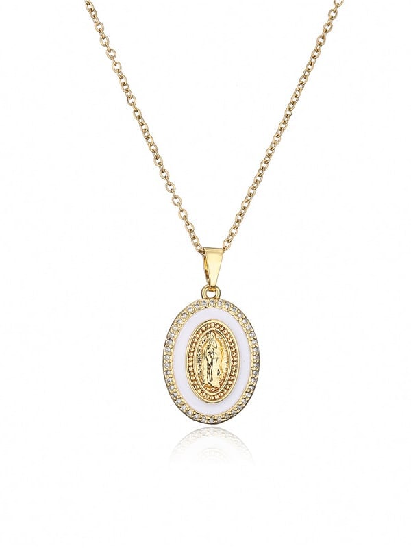 oro laminado Cubic Zirconia Esmalte Oval Vintage Virgen María Colgante Collar