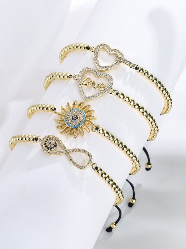 Pulsera ajustable Hip Hop con corazón de circonitas cúbicas de oro laminado