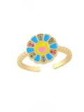 Anillo de banda minimalista con flor sonriente de esmalte de oro laminado
