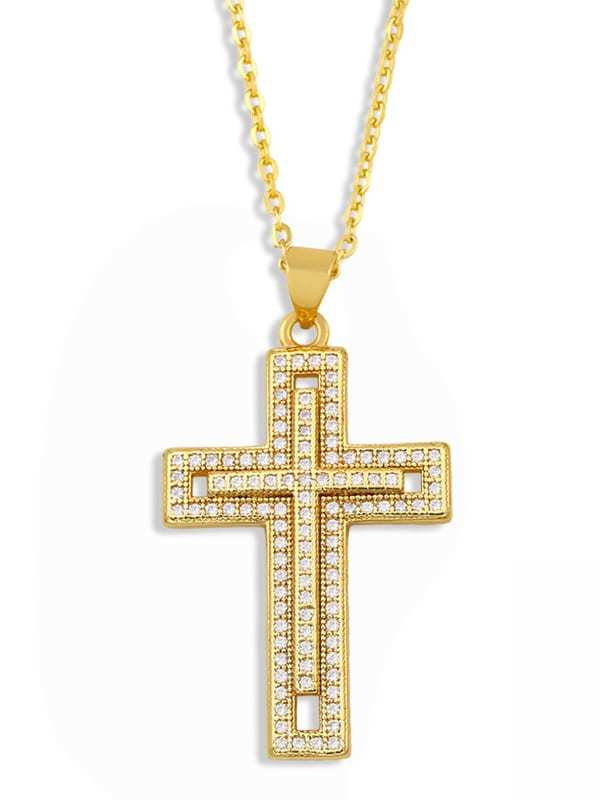 Collar Religioso Vintage con Cruz de Zirconia Cúbica de oro laminado