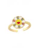Anillo de banda minimalista con flor sonriente de esmalte de oro laminado