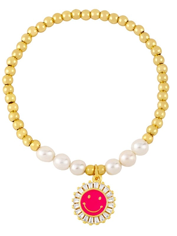 Pulsera de oro laminado con perla de imitación esmaltada y abalorios de tendencia sonriente