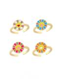 Anillo de banda minimalista con flor sonriente de esmalte de oro laminado