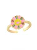 Anillo de banda minimalista con flor sonriente de esmalte de oro laminado