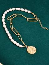 Collar Vintage Redondo de Perlas de Imitación de Acero Titanio
