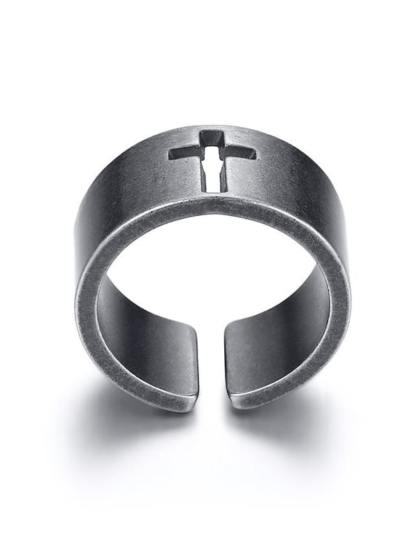 Anillo de banda minimalista con cruz hueca geométrica de acero inoxidable