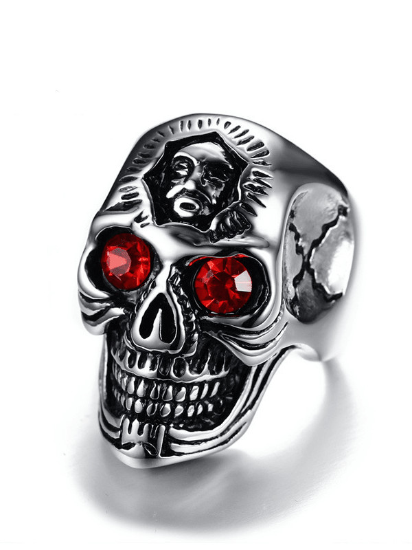 Anillo de banda vintage con calavera de diamantes de imitación de acero inoxidable